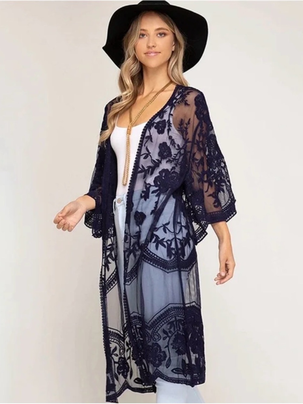 Liv Los Angeles Navy Blue Lace Kimono Duster Boho Mandala Crochet Mesh Maxi Sz M